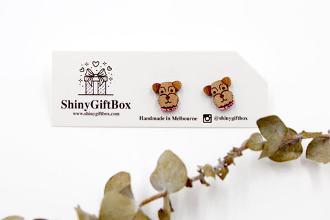 Miniature Schnauzer Dog Wooden Earrings with Pink Collar